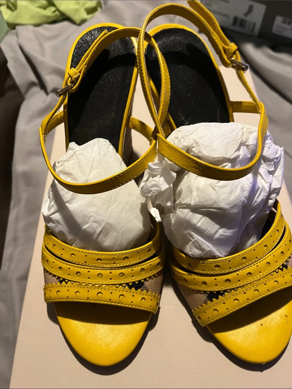 Burberry Yellow Leather Espadrille Slingback Wedges